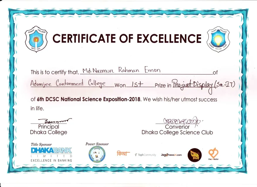 1st Prize, Project Display — 6th DCSC National Science Exposition